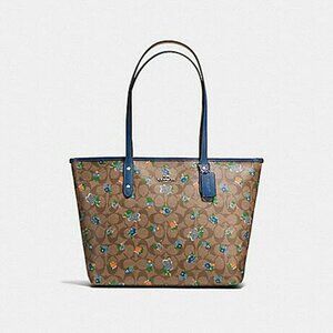 Coach Blue/Beige Floral Print Signature Coated Leather Canvas Tote